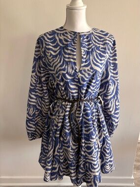 H&M Blue and White Long-Sleeve Printed Mini Dress (Belt not included)